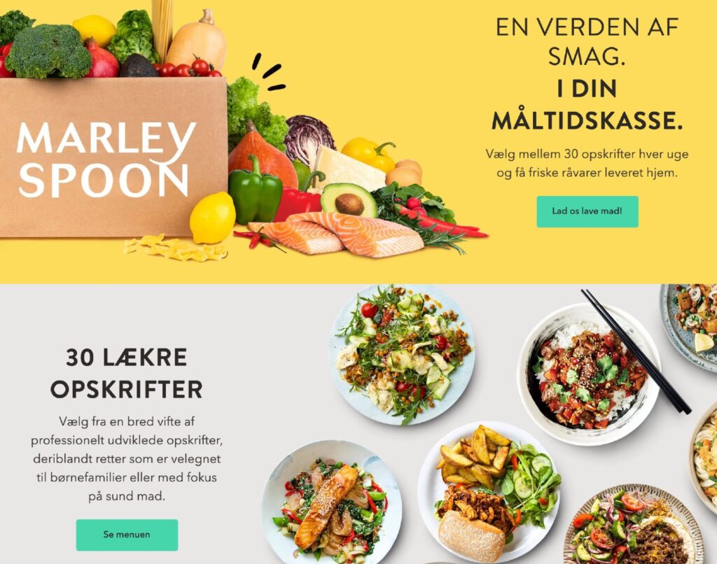 Marley Spoon hjemmeside præsentation af måltidskasse